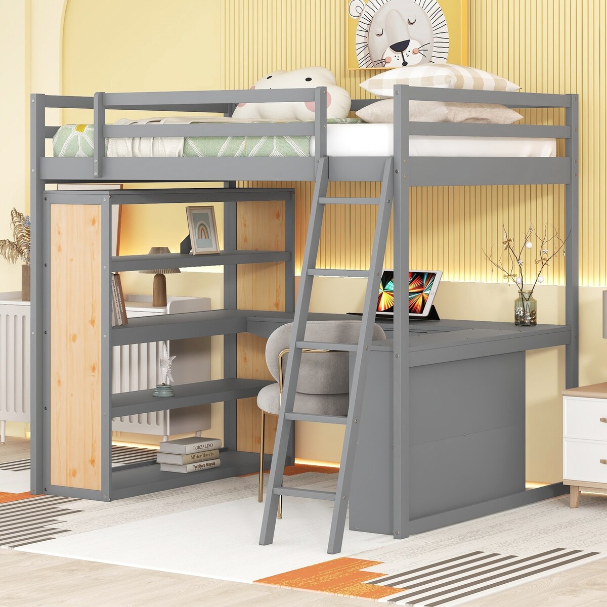 Full Size Loft Bed Frame with Ladder, Shelves,and Desk,Full Length Guard Rails,for Kids Youths Adults