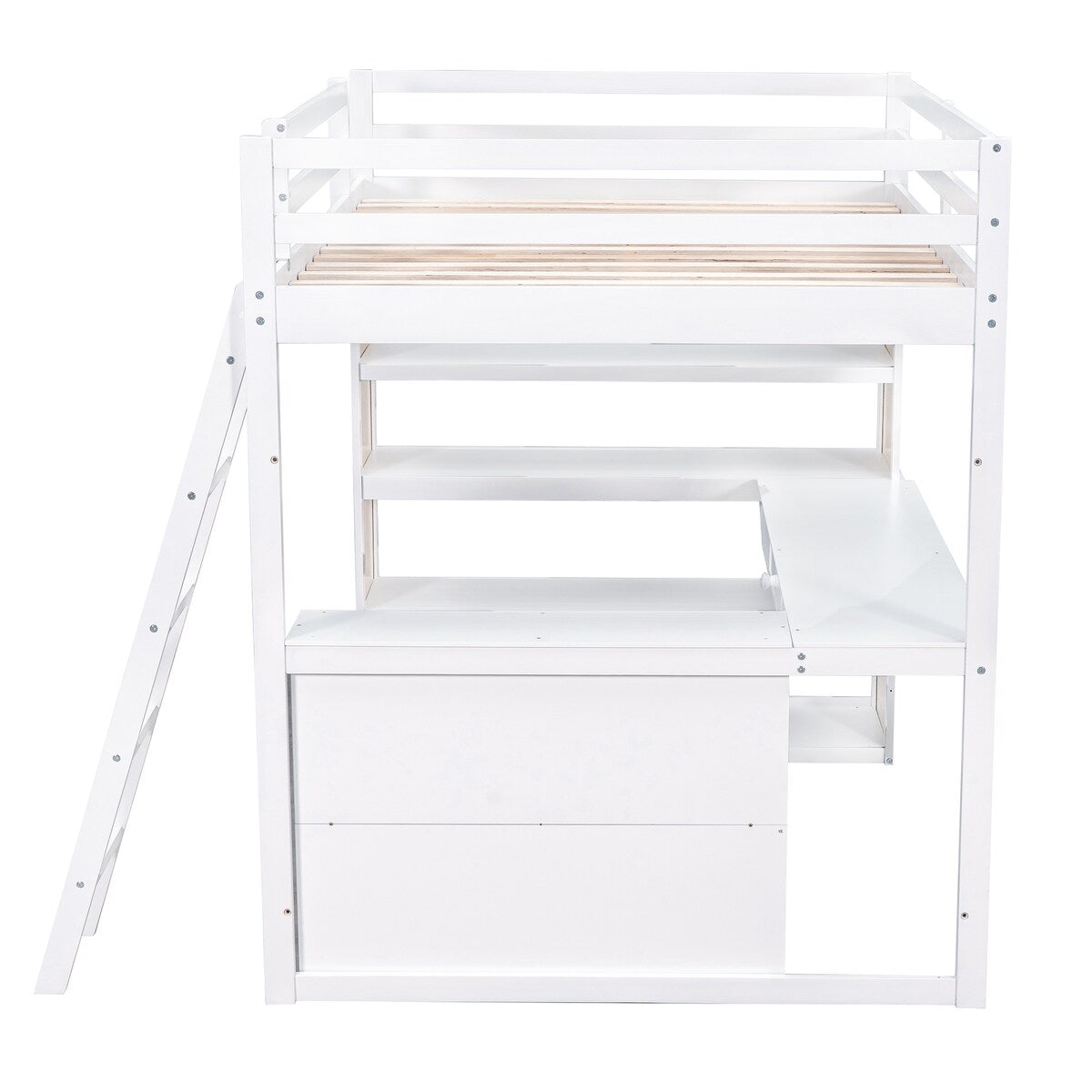 Full Size Loft Bed Frame with Ladder, Shelves,and Desk,Full Length Guard Rails,for Kids Youths Adults
