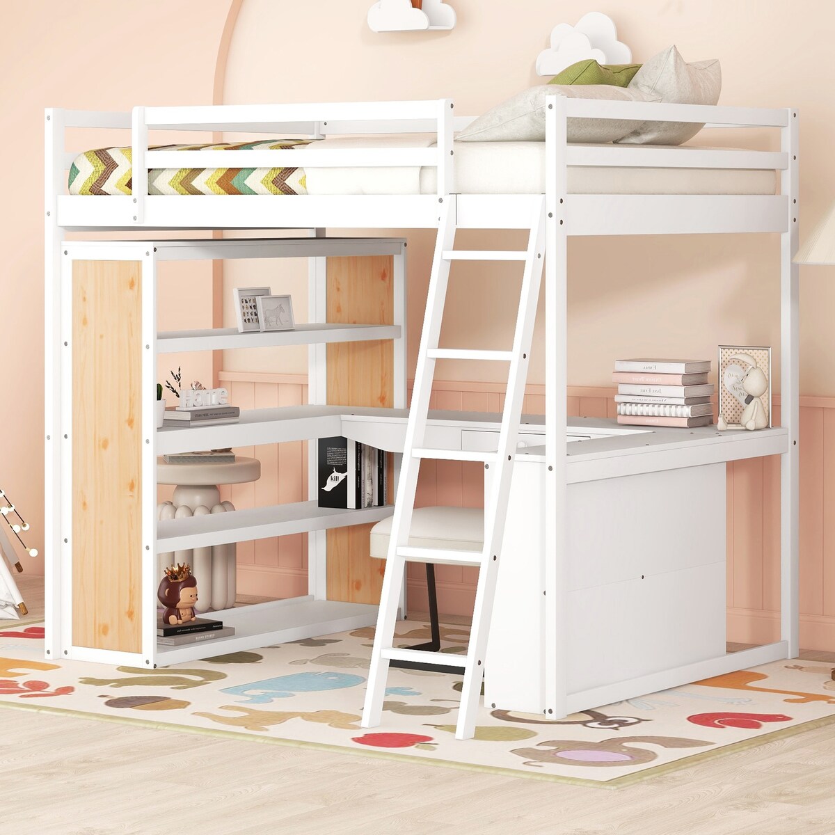 Full Size Loft Bed Frame with Ladder, Shelves,and Desk,Full Length Guard Rails,for Kids Youths Adults