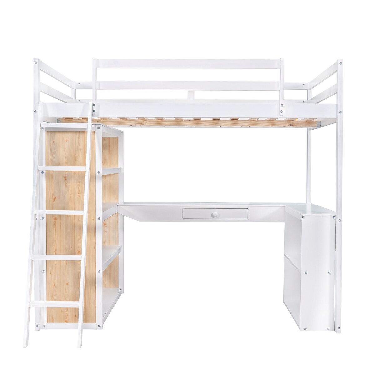 Full Size Loft Bed Frame with Ladder, Shelves,and Desk,Full Length Guard Rails,for Kids Youths Adults