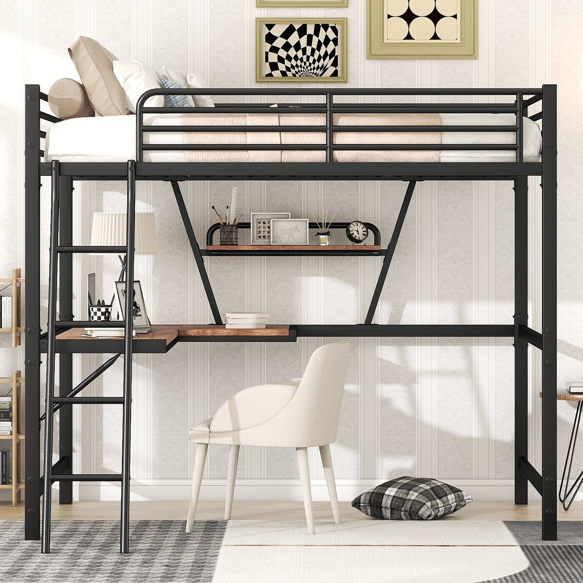 Full Size Loft Bed Metal & MDF Bed with Desk and Shelf