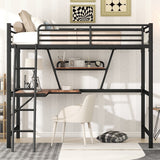 Full Size Loft Bed Metal & MDF Bed with Desk and Shelf