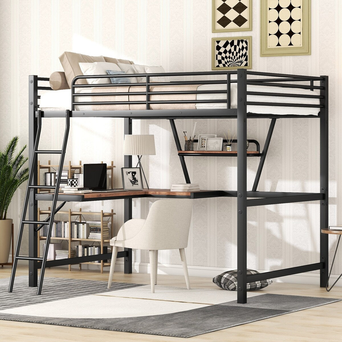 Full Size Loft Bed Metal & MDF Bed with Desk and Shelf