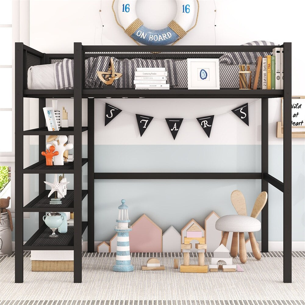 Full Size Loft Bed with 4-Tier Shelves and Storage