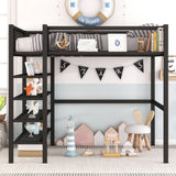 Full Size Loft Bed with 4-Tier Shelves and Storage