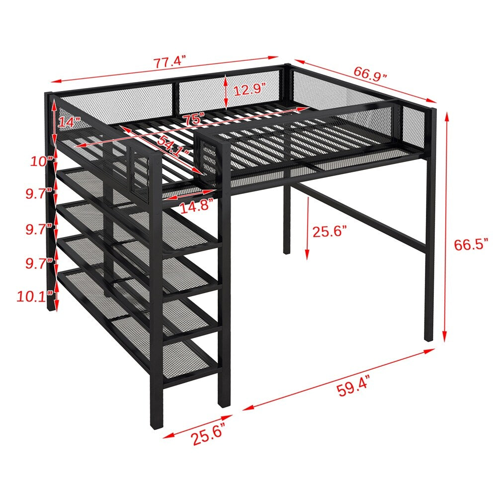 Full Size Loft Bed with 4-Tier Shelves and Storage