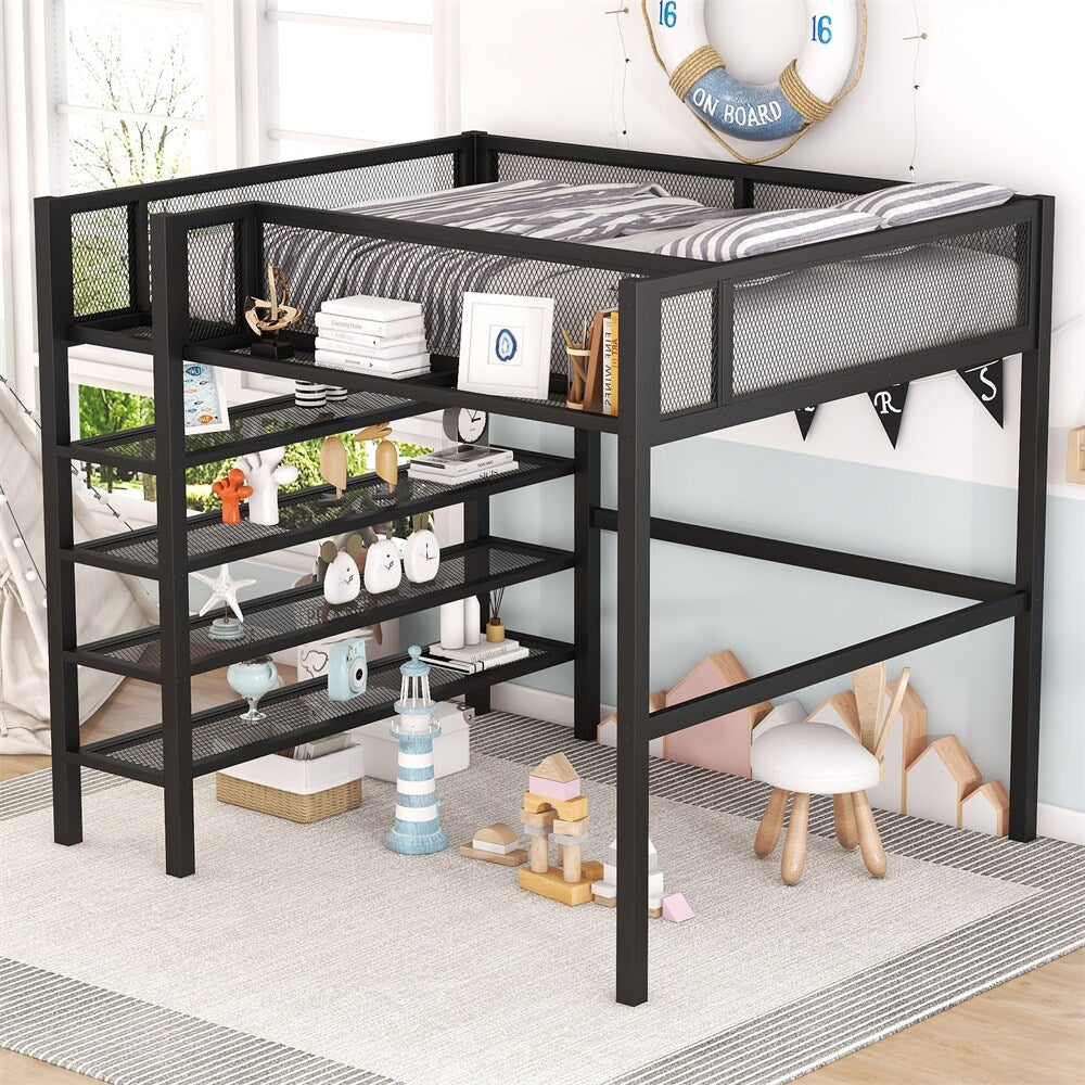 Full Size Loft Bed with 4-Tier Shelves and Storage