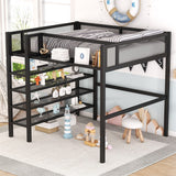 Full Size Loft Bed with 4-Tier Shelves and Storage