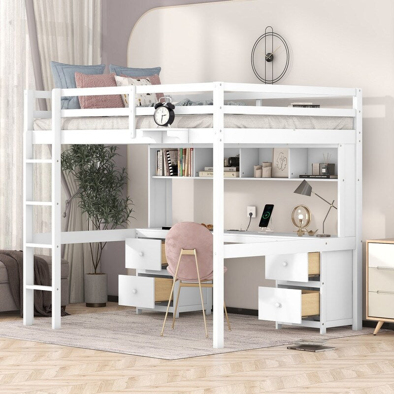 Full Size Loft Bed with Cabinets, Built-in desk with Charging Station
