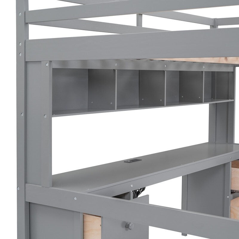 Full Size Loft Bed with Cabinets, Built-in desk with Charging Station