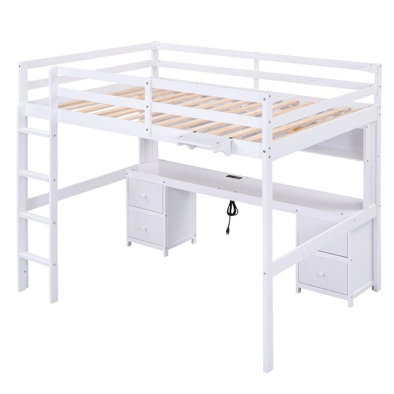 Full Size Loft Bed with Cabinets, Built-in desk with Charging Station