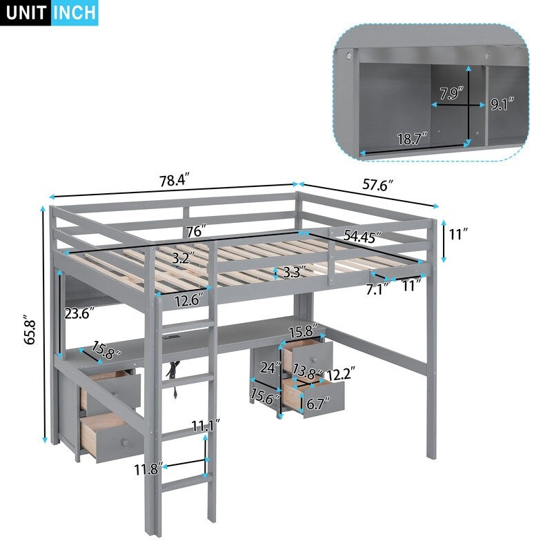 Full Size Loft Bed with Cabinets, Built-in desk with Charging Station