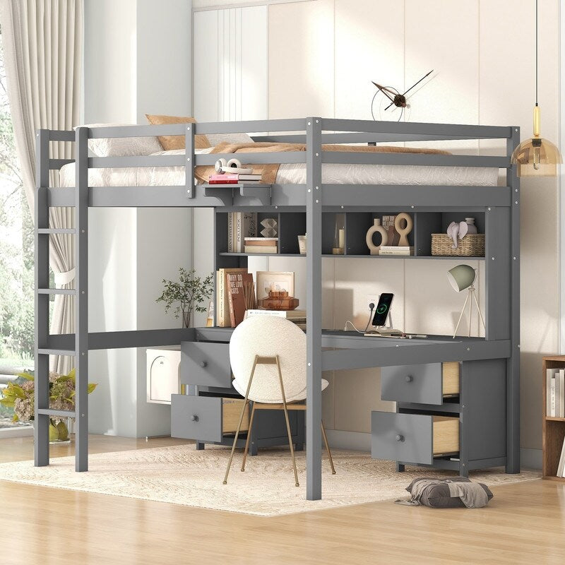 Full Size Loft Bed with Cabinets, Built-in desk with Charging Station