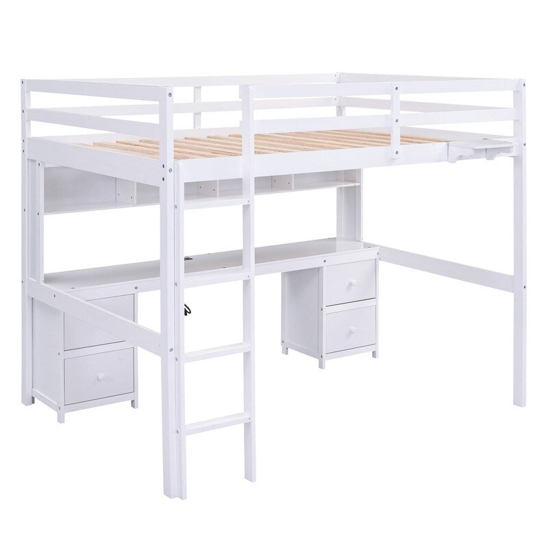Full Size Loft Bed with Cabinets, Built-in desk with Charging Station