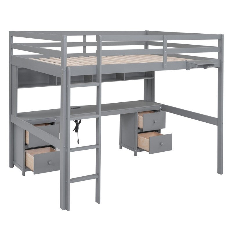 Full Size Loft Bed with Cabinets, Built-in desk with Charging Station