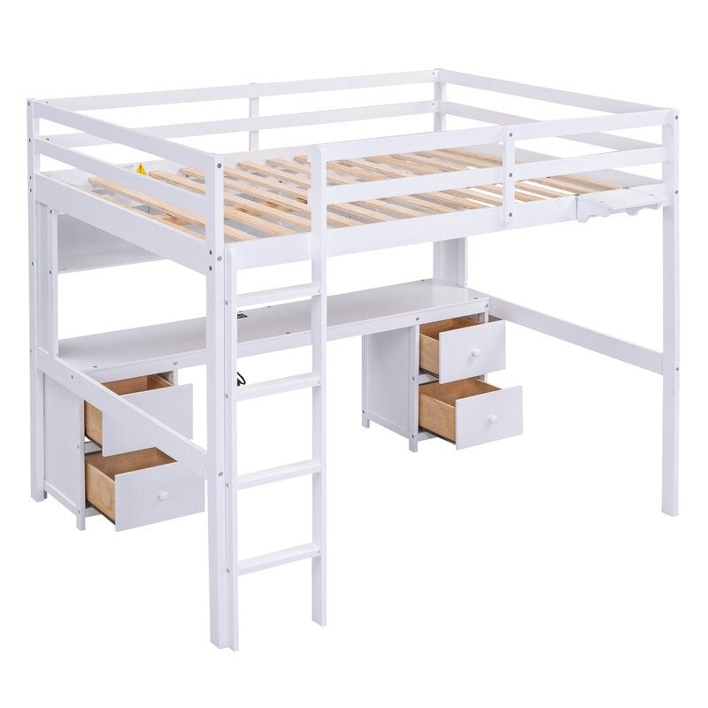Full Size Loft Bed with Cabinets, Built-in desk with Charging Station