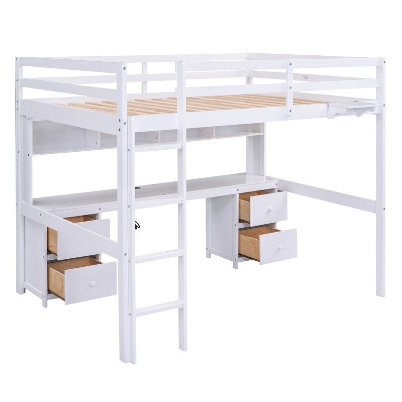 Full Size Loft Bed with Cabinets, Built-in desk with Charging Station