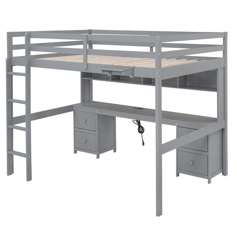 Full Size Loft Bed with Cabinets, Built-in desk with Charging Station