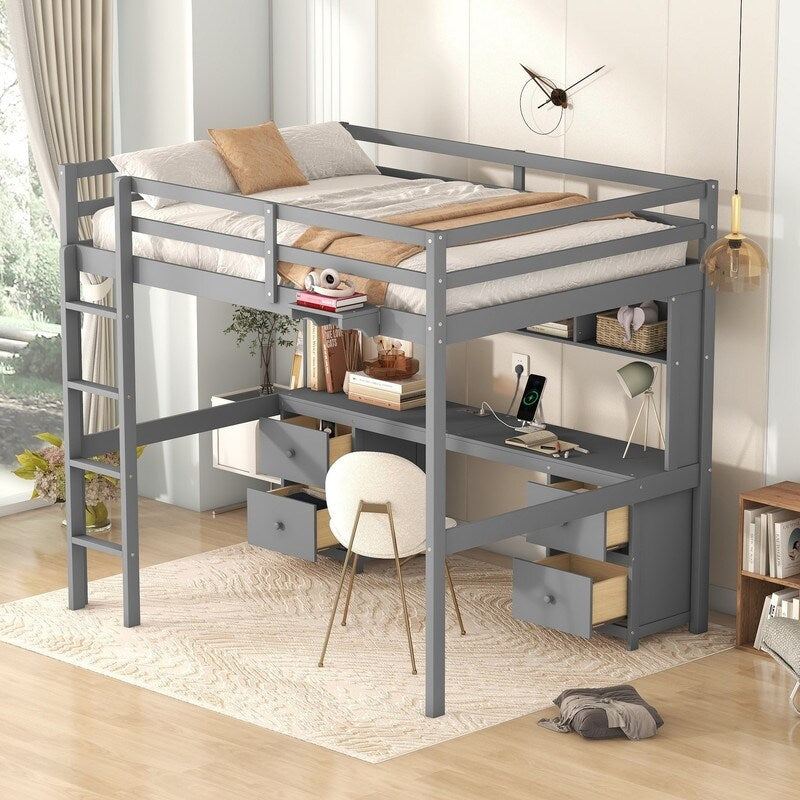 Full Size Loft Bed with Cabinets, Built-in desk with Charging Station
