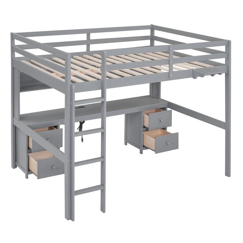 Full Size Loft Bed with Cabinets, Built-in desk with Charging Station