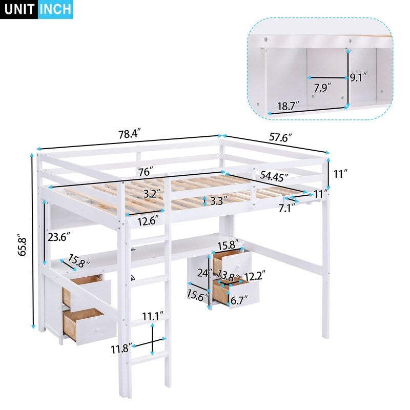 Full Size Loft Bed with Cabinets, Built-in desk with Charging Station
