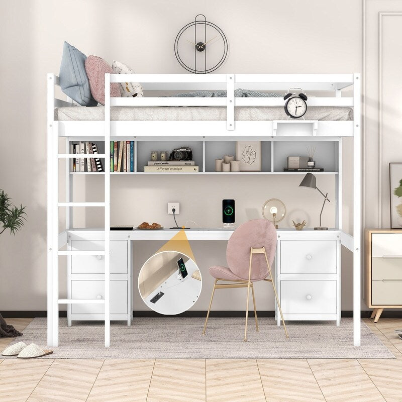 Full Size Loft Bed with Cabinets, Built-in desk with Charging Station