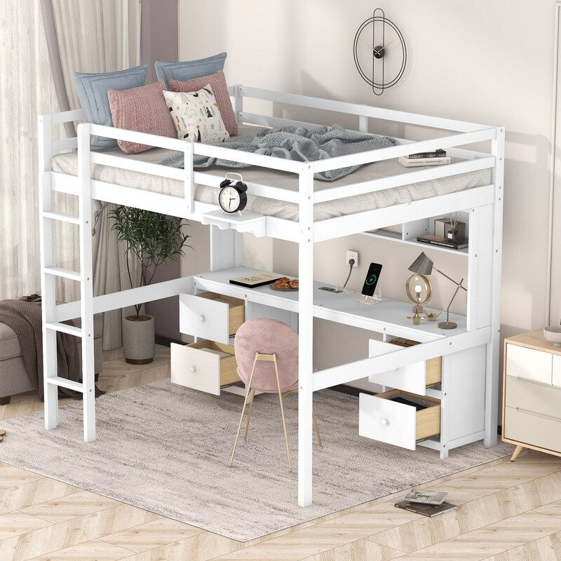 Full Size Loft Bed with Cabinets, Built-in desk with Charging Station