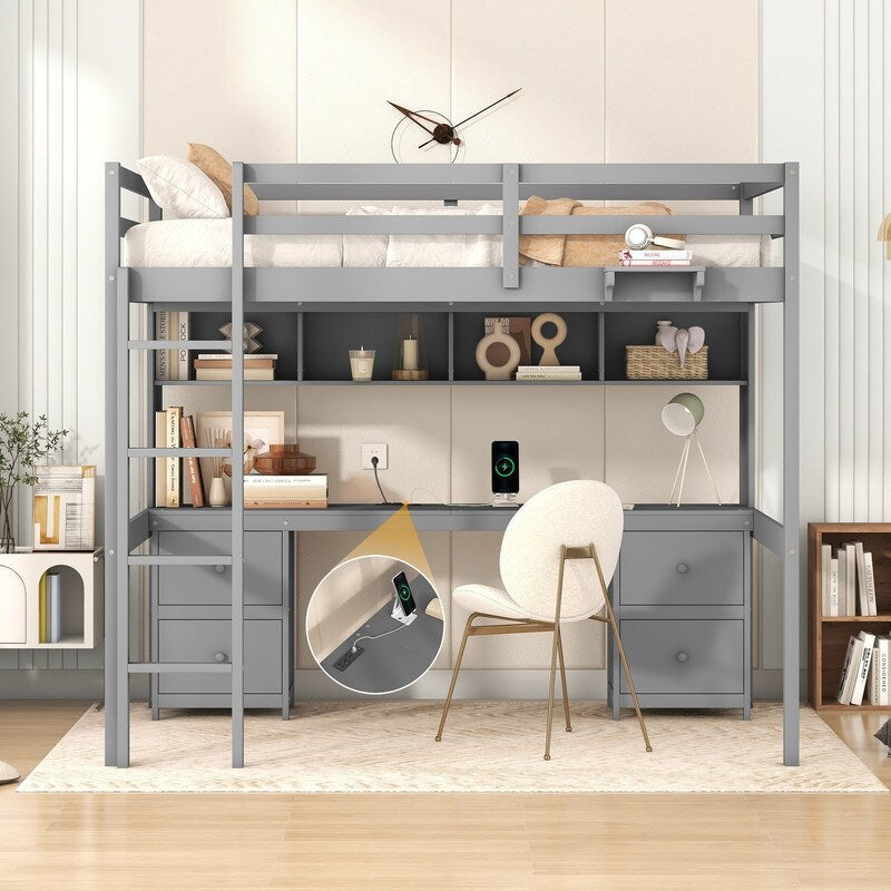 Full Size Loft Bed with Cabinets, Built-in desk with Charging Station
