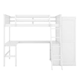 Full Size Loft Bed with Desk, Wooden Bed with Guardrails, Space-saving Bed with Shelves, Kid's Bed with Wardrobe, White