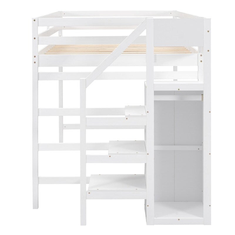 Full Size Loft Bed with Hidden Storage, Wooden Storage Bed Frame with Built-in Storage Wardrobe and Staircase, Grey