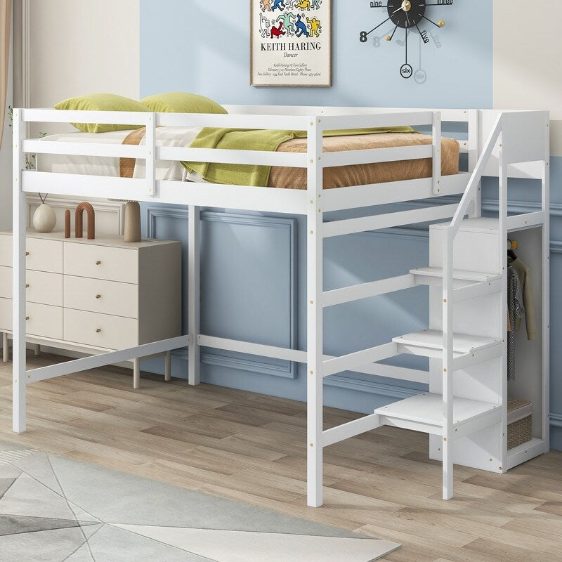 Full Size Loft Bed with Hidden Storage, Wooden Storage Bed Frame with Built-in Storage Wardrobe and Staircase, Grey