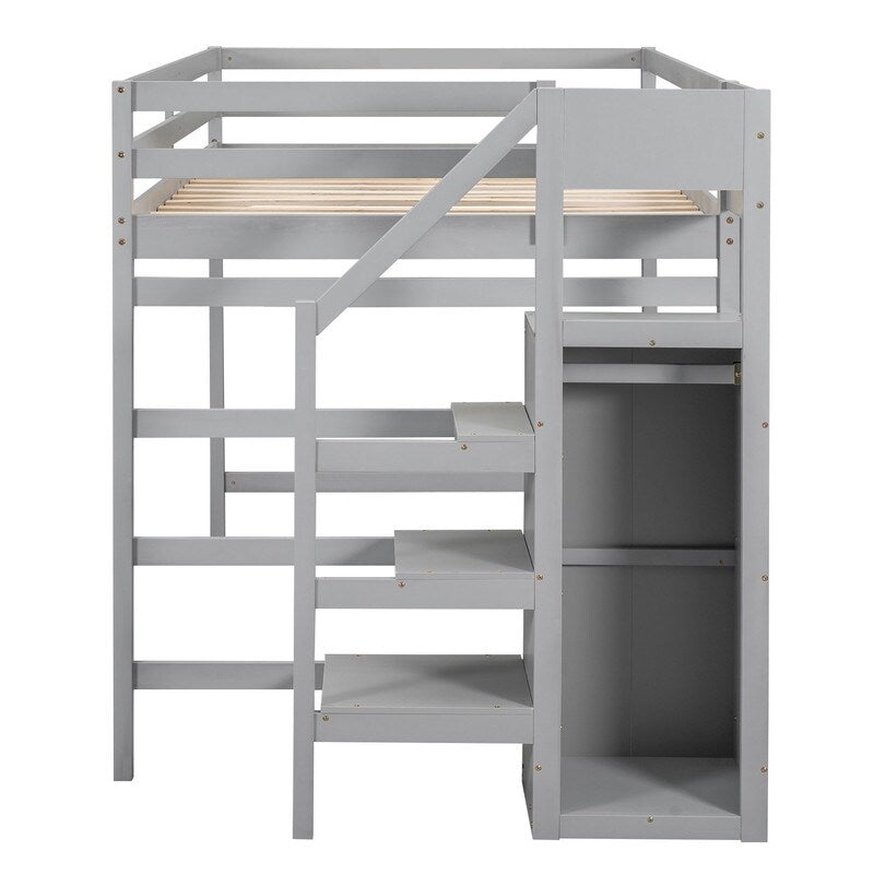 Full Size Loft Bed with Hidden Storage, Wooden Storage Bed Frame with Built-in Storage Wardrobe and Staircase, Grey