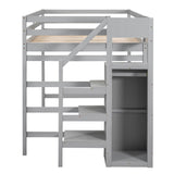 Full Size Loft Bed with Hidden Storage, Wooden Storage Bed Frame with Built-in Storage Wardrobe and Staircase, Grey