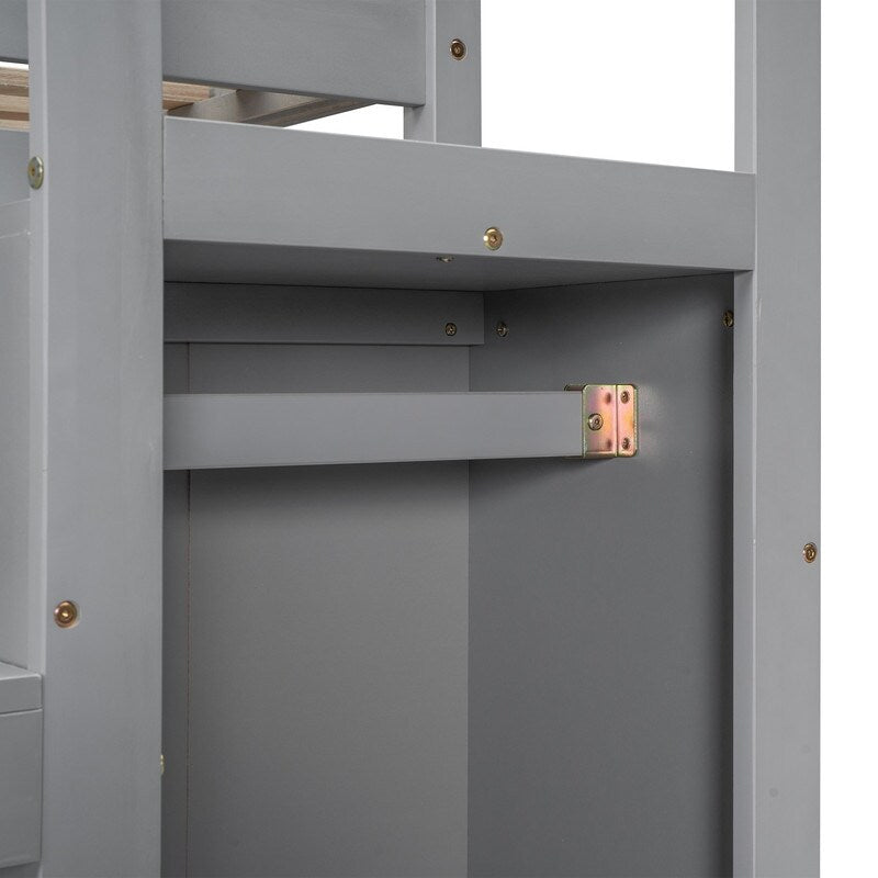 Full Size Loft Bed with Hidden Storage, Wooden Storage Bed Frame with Built-in Storage Wardrobe and Staircase, Grey