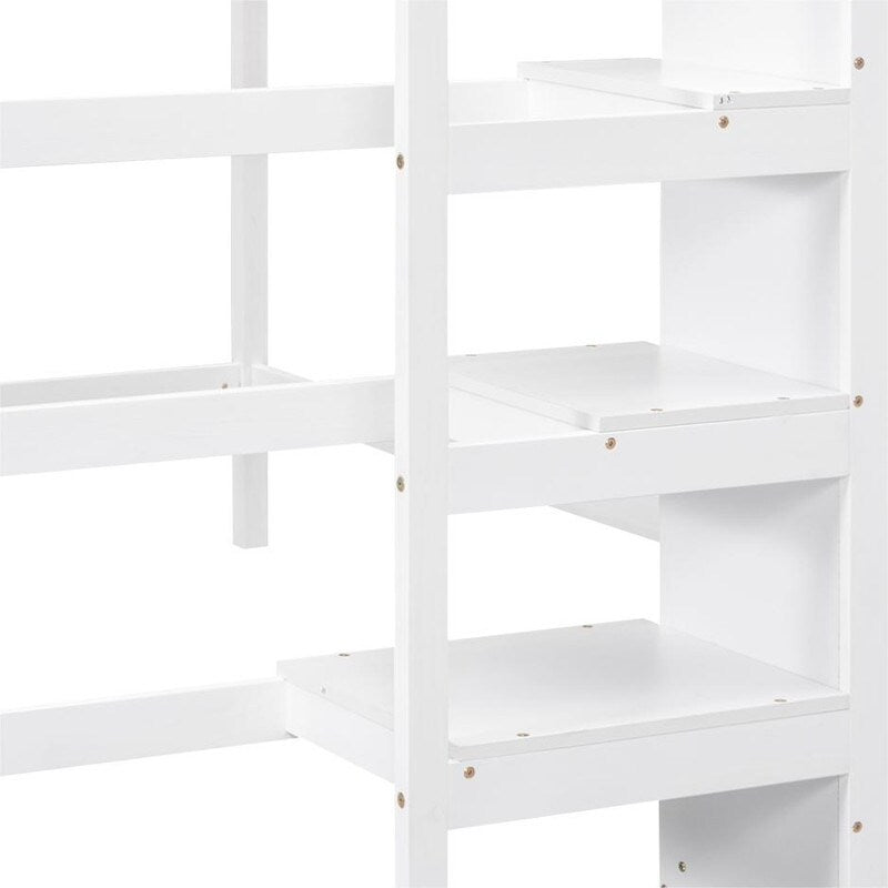 Full Size Loft Bed with Hidden Storage, Wooden Storage Bed Frame with Built-in Storage Wardrobe and Staircase, Grey