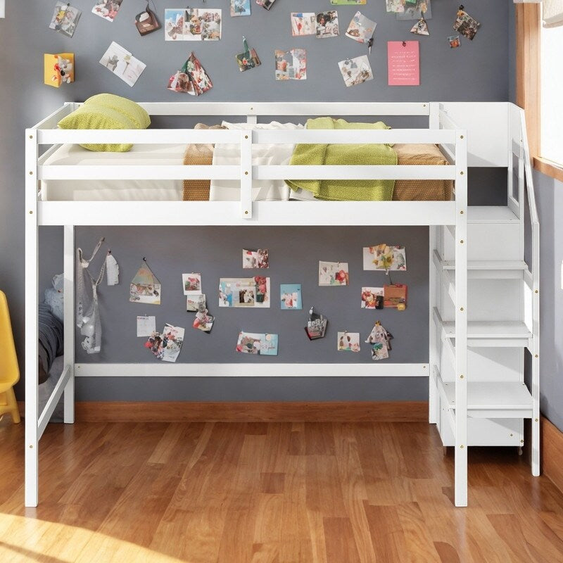 Full Size Loft Bed with Hidden Storage, Wooden Storage Bed Frame with Built-in Storage Wardrobe and Staircase, Grey