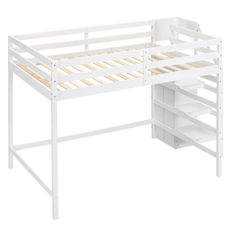Full Size Loft Bed with Hidden Storage, Wooden Storage Bed Frame with Built-in Storage Wardrobe and Staircase, Grey