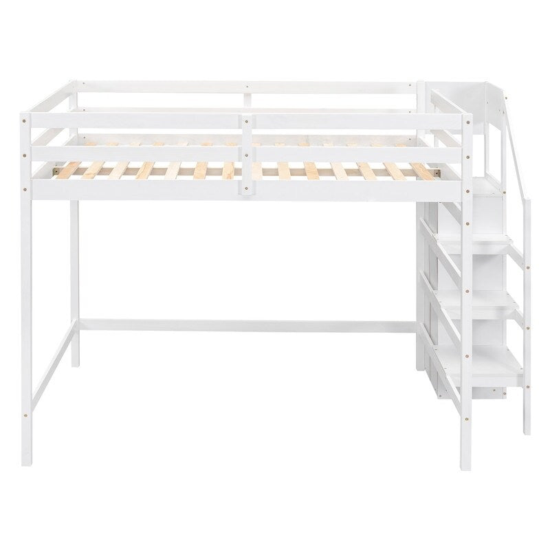 Full Size Loft Bed with Hidden Storage, Wooden Storage Bed Frame with Built-in Storage Wardrobe and Staircase, Grey