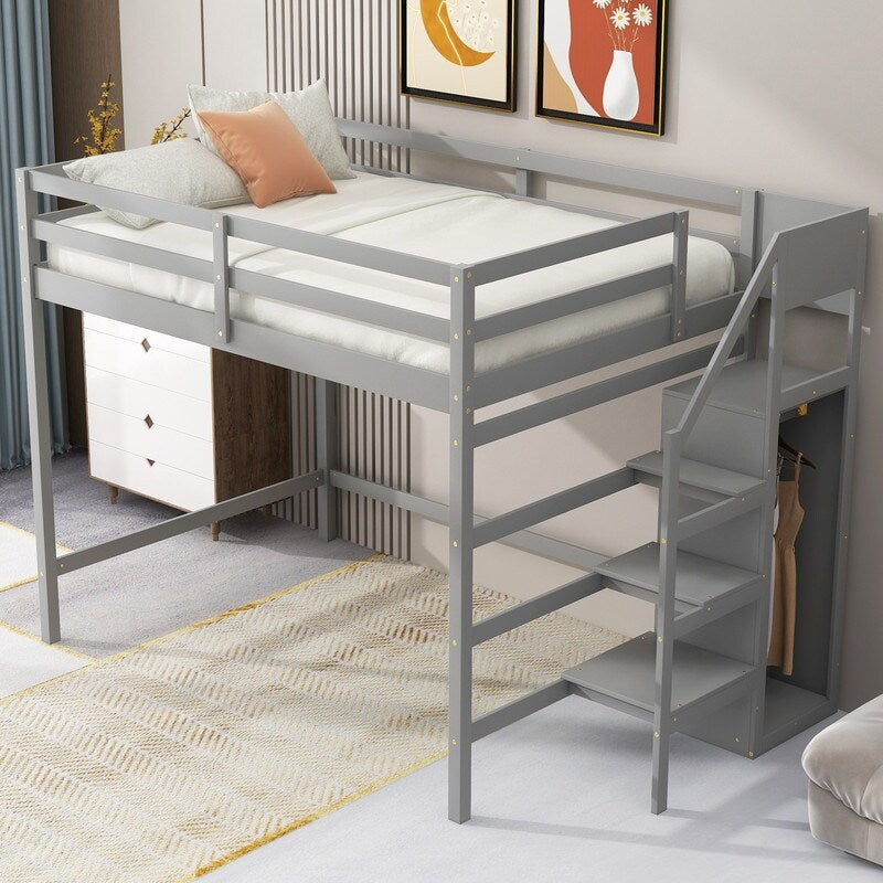 Full Size Loft Bed with Hidden Storage, Wooden Storage Bed Frame with Built-in Storage Wardrobe and Staircase, Grey