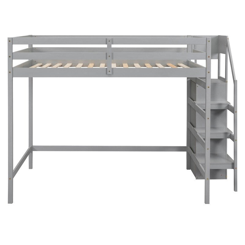 Full Size Loft Bed with Hidden Storage, Wooden Storage Bed Frame with Built-in Storage Wardrobe and Staircase, Grey