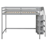Full Size Loft Bed with Hidden Storage, Wooden Storage Bed Frame with Built-in Storage Wardrobe and Staircase, Grey