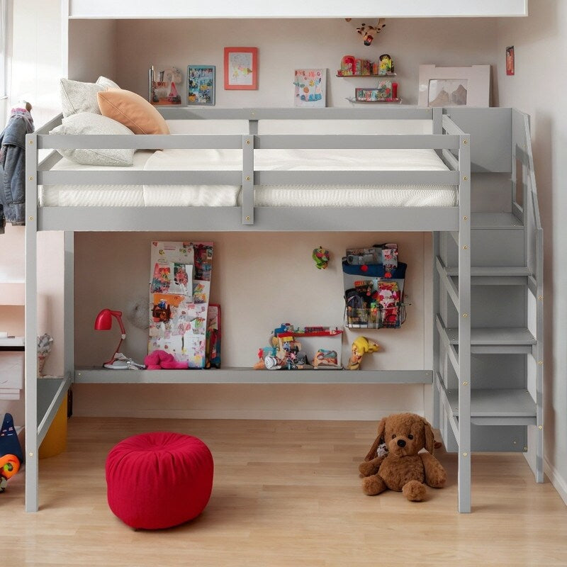 Full Size Loft Bed with Hidden Storage, Wooden Storage Bed Frame with Built-in Storage Wardrobe and Staircase, Grey