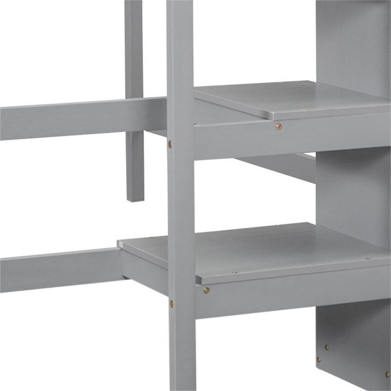 Full Size Loft Bed with Hidden Storage, Wooden Storage Bed Frame with Built-in Storage Wardrobe and Staircase, Grey