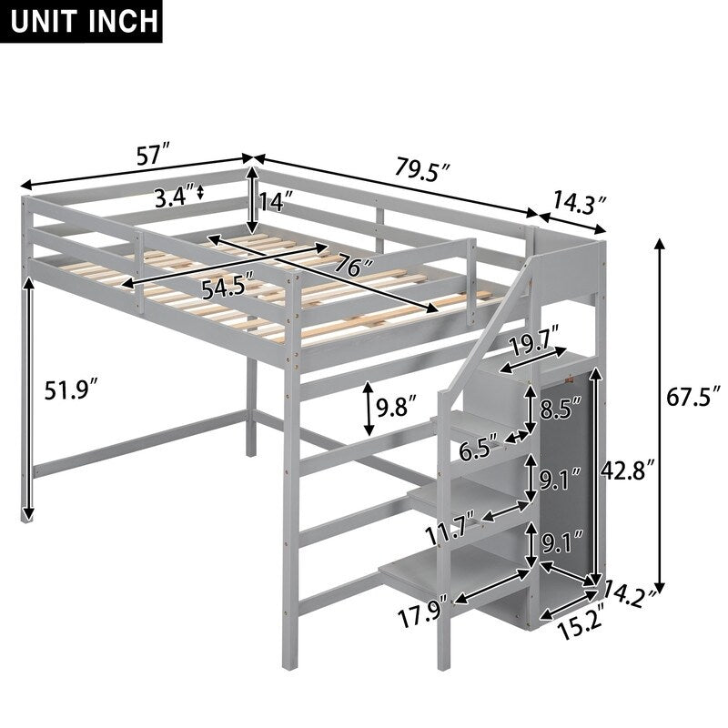 Full Size Loft Bed with Hidden Storage, Wooden Storage Bed Frame with Built-in Storage Wardrobe and Staircase, Grey
