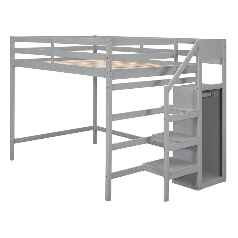 Full Size Loft Bed with Hidden Storage, Wooden Storage Bed Frame with Built-in Storage Wardrobe and Staircase, Grey