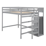 Full Size Loft Bed with Hidden Storage, Wooden Storage Bed Frame with Built-in Storage Wardrobe and Staircase, Grey