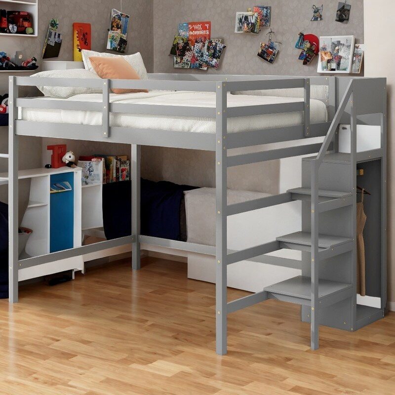 Full Size Loft Bed with Hidden Storage, Wooden Storage Bed Frame with Built-in Storage Wardrobe and Staircase, Grey