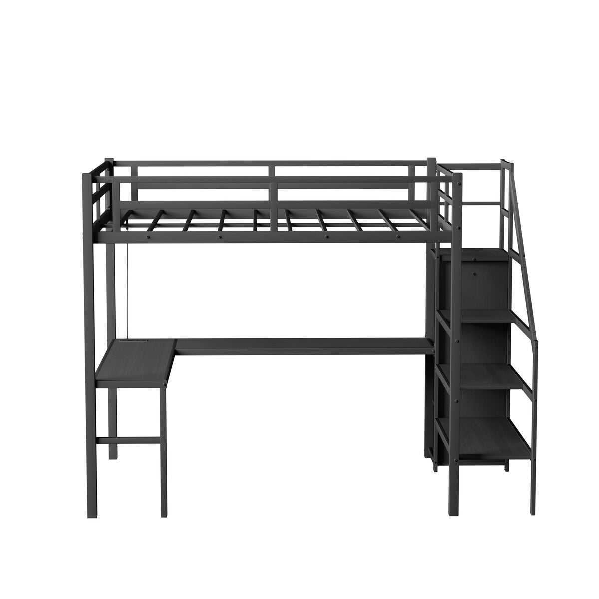 Full Size Loft Bed with L-shaped Desk and USB, Wardrobe and Adjustable Shelf,LED