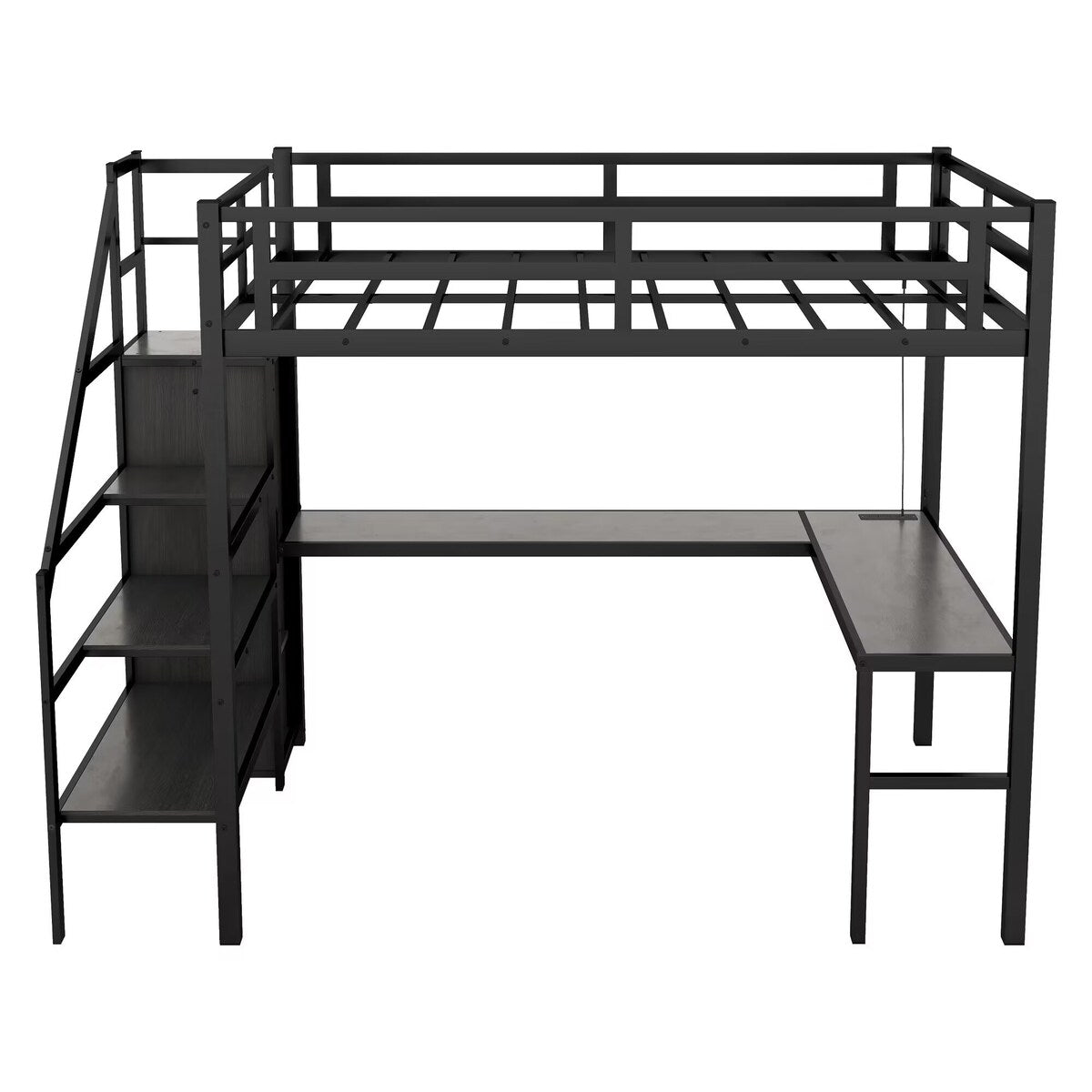 Full Size Loft Bed with L-shaped Desk and USB, Wardrobe and Adjustable Shelf,LED