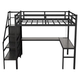 Full Size Loft Bed with L-shaped Desk and USB, Wardrobe and Adjustable Shelf,LED